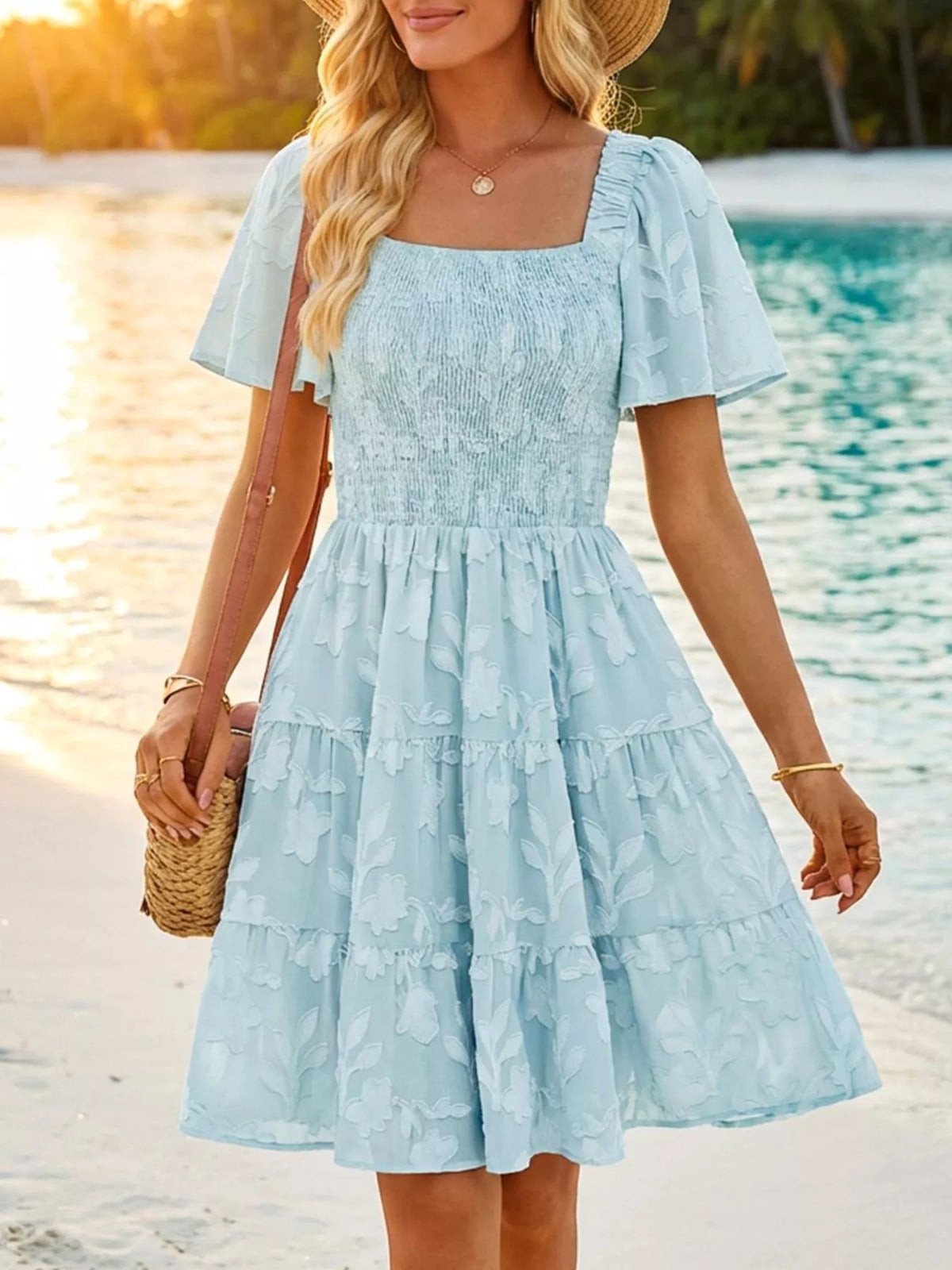 Smocked Square Neck Tiered Mini Dress