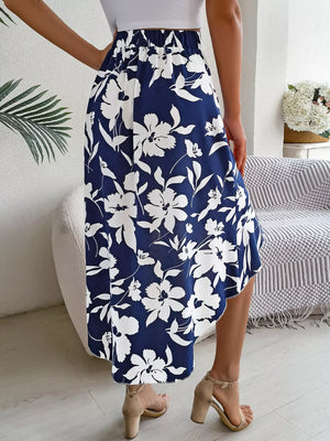 Floral Print Ruffle Hem Asymmetrical Skirt