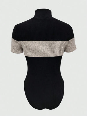 Color Block Turtleneck Ribbed Bodysuit