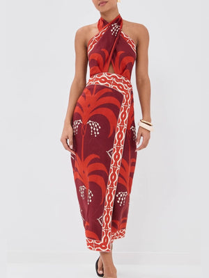 Tropical Print Halter Neck Wrap Dress