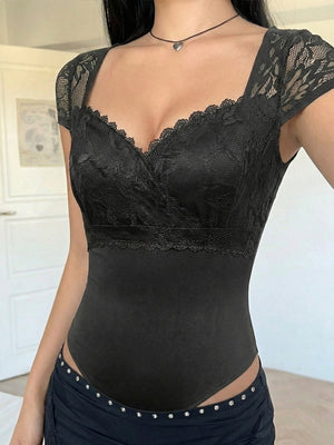 Lace Sweetheart Neck Cap Sleeve Bodysuit