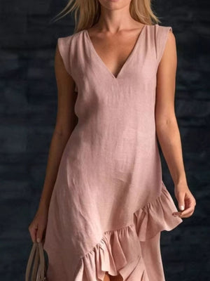 Sleeveless V-Neck Ruffle Hem High-Low Dress