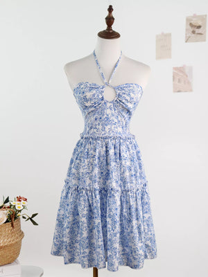 Floral Print Halter Neck Ruffle Hem Summer Dress