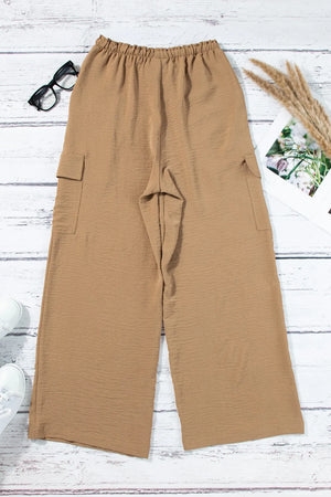 Drawstring Frilled Waist Wide Leg Utility Trousers