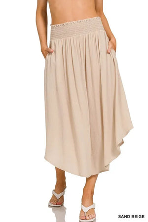 Zenana Woven Crinkle Smocked Waist Maxi Skirt W Pockets
