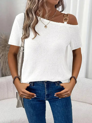 One-Shoulder Chain Detail Waffle Knit T-Shirt