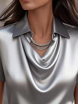 Full Size Cowl Neck Short Sleeve Satin Blouse Plus Size