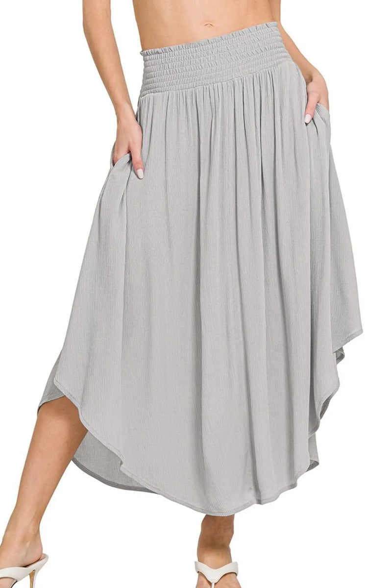 Zenana Woven Crinkle Smocked Waist Maxi Skirt W Pockets