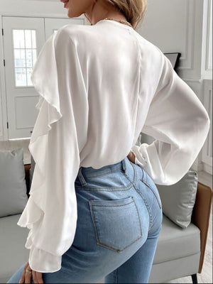 Full Size Ruffle Trim V-Neck Shirt Plus Size