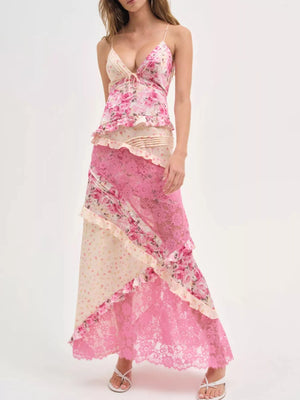 Lace Floral Print Ruffle Trim Maxi Dress
