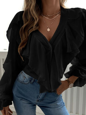 Full Size Ruffle Trim V-Neck Shirt Plus Size