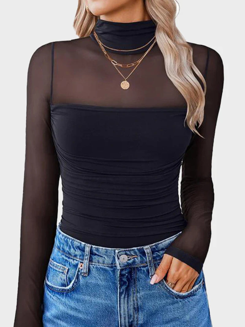 Sheer Mesh Patchwork High Neck Long Sleeve Top