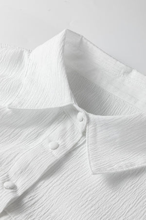 Crinkled Texture Lantern Sleeve Button Down Loose Shirt