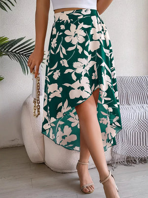 Floral Print Ruffle Hem Asymmetrical Skirt
