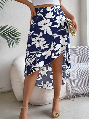 Floral Print Ruffle Hem Asymmetrical Skirt