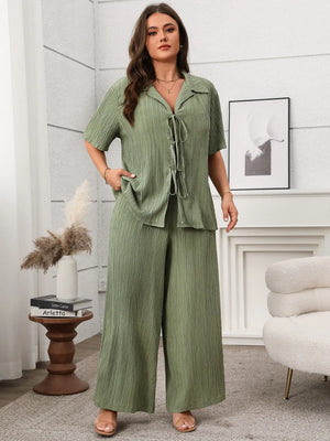 Plus Size Tie Front Short Sleeve Top and Pants Set