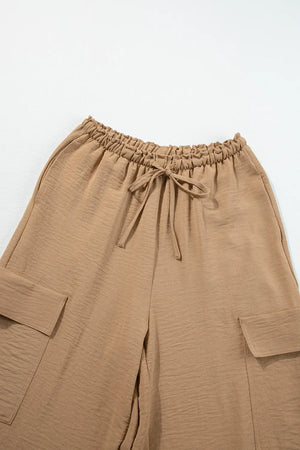 Drawstring Frilled Waist Wide Leg Utility Trousers