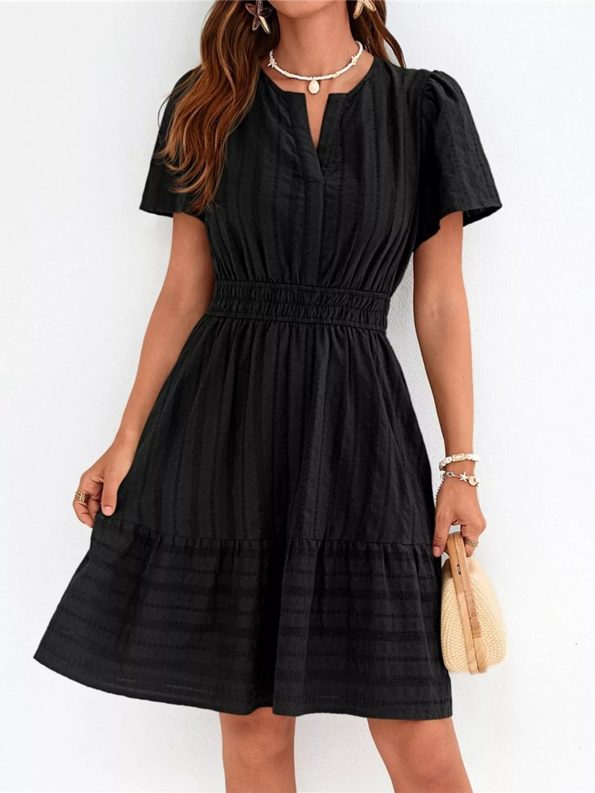 Short Sleeve Smocked Waist Tiered Dress