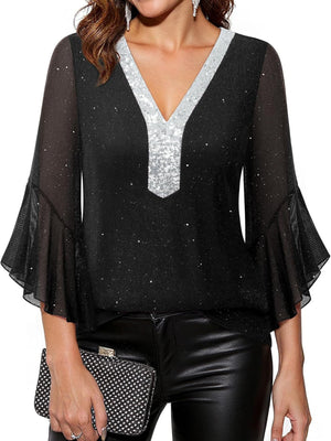 Sequin V-Neck Flounce Sleeve Blouse