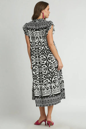 Umgee Full Size Two Tone Border Print Ruffle Cap Sleeve Midi Dress Plus Size