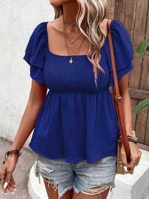 Smocked Square Neck Ruffle Sleeve Blouse