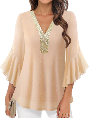 Sequin V-Neck Flounce Sleeve Blouse