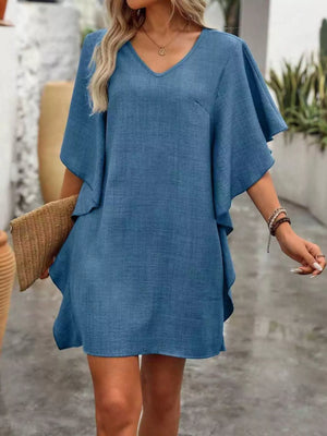 Flowy Sleeve V-Neck Casual Mini Dress
