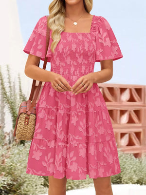 Smocked Square Neck Tiered Mini Dress