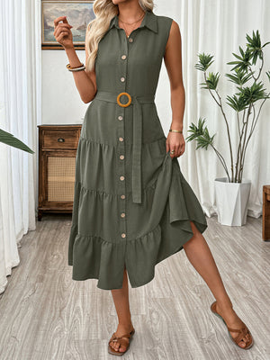 Sleeveless Button-Down Tiered Midi Dress