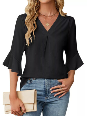 V-Neck Ruffle Sleeve Blouse