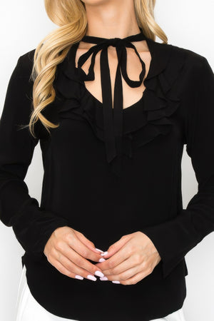 Ruffle Detail Front Tie V-neck Long Sleeve Blouse