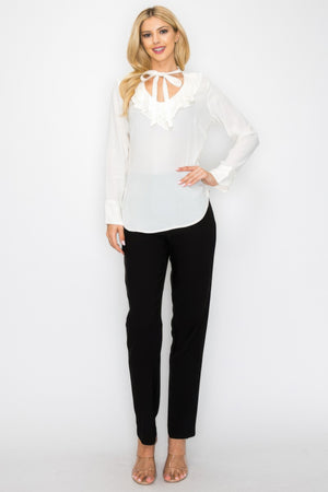 Ruffle Detail Front Tie V-neck Long Sleeve Blouse