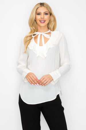 Ruffle Detail Front Tie V-neck Long Sleeve Blouse