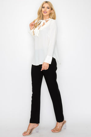 Ruffle Detail Front Tie V-neck Long Sleeve Blouse