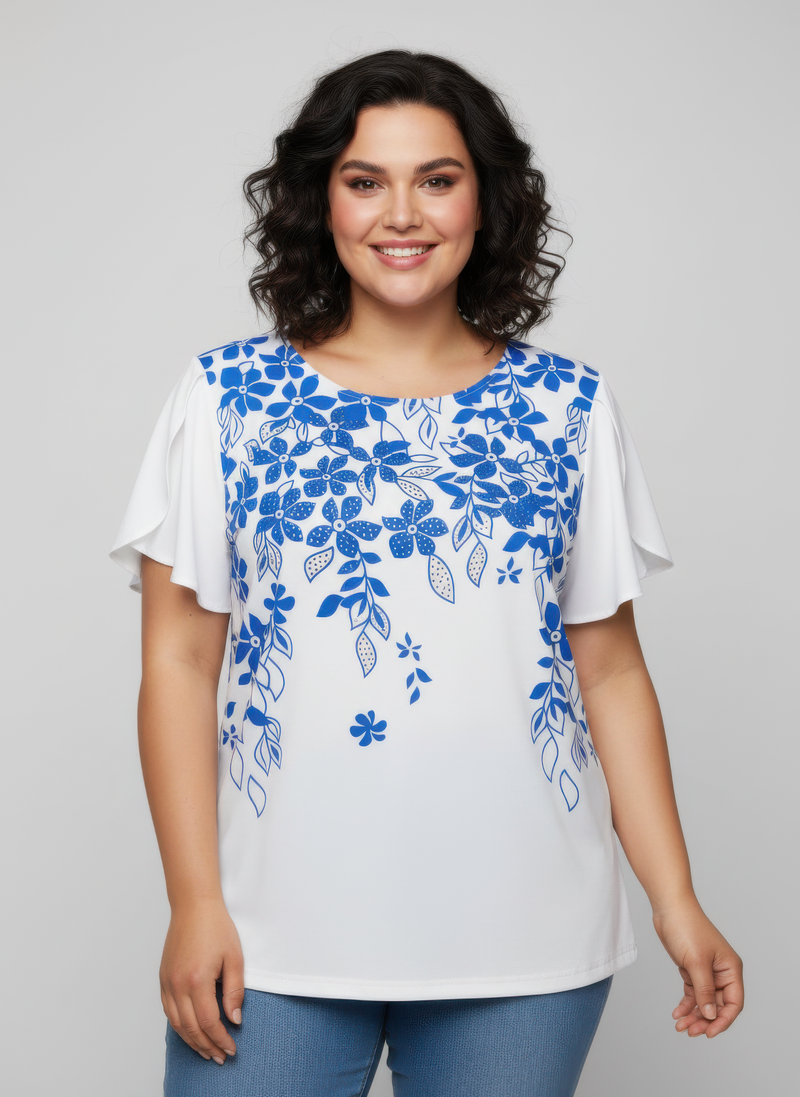 Floral Print Flutter Sleeve Knit Top