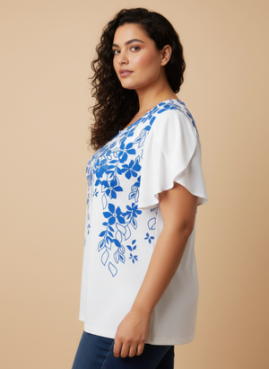 Floral Print Flutter Sleeve Knit Top