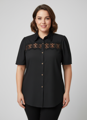 Lace Panel Button-front Collared Blouse