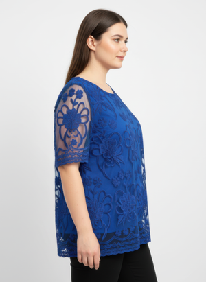 Embroidered Lace Overlay Short Sleeve Top