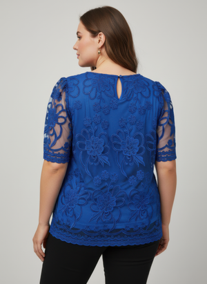 Embroidered Lace Overlay Short Sleeve Top