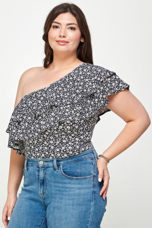 Plus Size Ditsy Floral One Shoulder Bodysuit