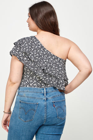 Plus Size Ditsy Floral One Shoulder Bodysuit