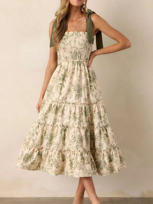 Floral Print Tiered Midi Dress with Tie Straps