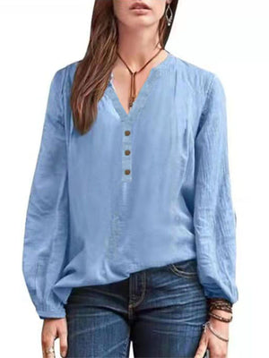 Full Size Notched Long Sleeve Blouse Plus Size