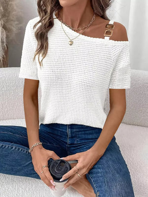 One-Shoulder Chain Detail Waffle Knit T-Shirt