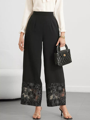Floral Lace Hem Wide Leg Pants