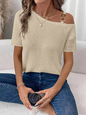One-Shoulder Chain Detail Waffle Knit T-Shirt