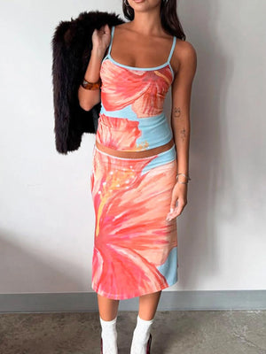 Printed Scoop Neck Cami and Skirt Set