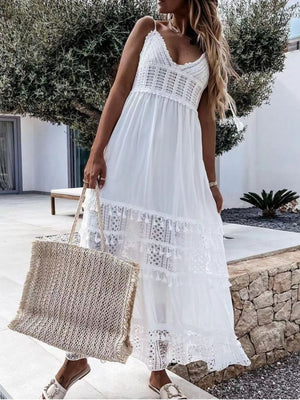 Full Size Bohemian Crochet Trimmed Cami Dress with Tassel Trim Plus Size