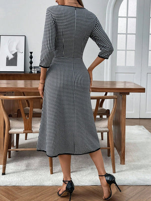 Plaid Round Neck 3/4 Sleeve Dress