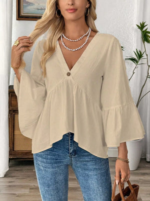 V-Neck Bell Sleeve Blouse